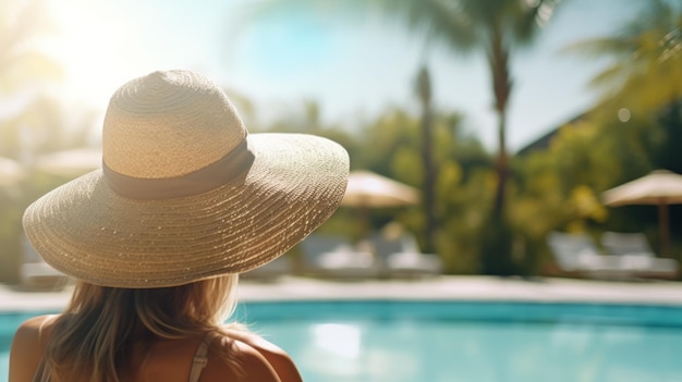 Une femme portant un chapeau debout devant une piscine