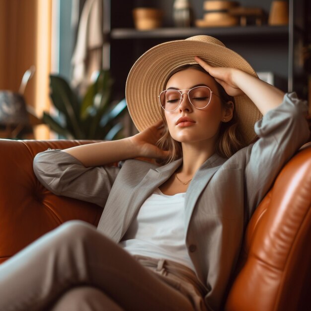 une femme portant un chapeau est assise sur un canapé avec un palmier en arrière-plan