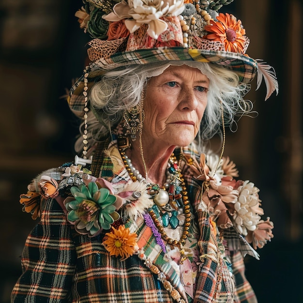 une femme portant un chapeau avec des fleurs dessus