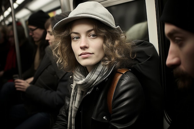 Photo une femme portant un chapeau et un foulard assise dans un train