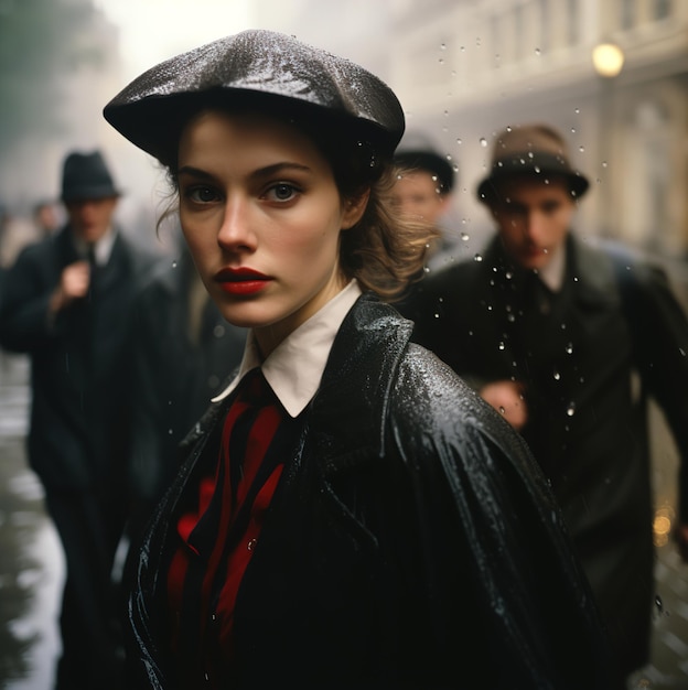 une femme portant un chapeau et un foulard marche dans la rue.