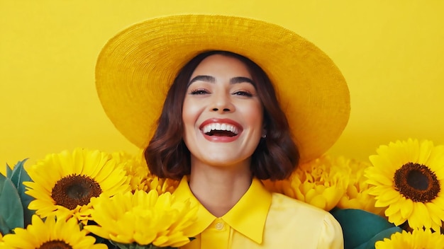 une femme portant un chapeau jaune avec des fleurs jaunes