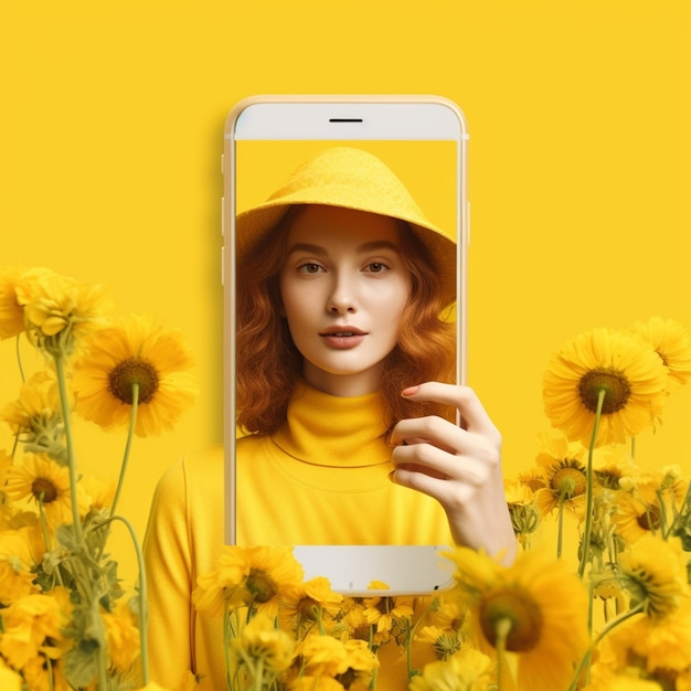 Photo une femme portant un chapeau jaune et une veste jaune tient un téléphone avec une photo d'une femme dans un champ de fleurs.