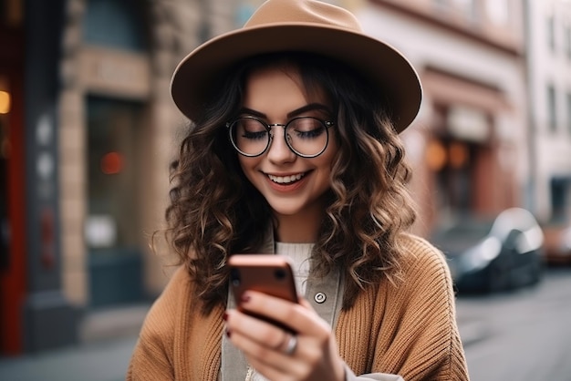 Une femme portant un chapeau et des lunettes regarde son téléphone.