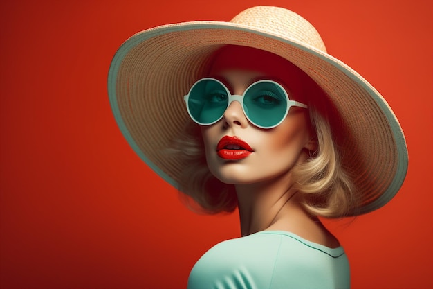 Une femme portant un chapeau et des lunettes de soleil grenn avec un fond rouge