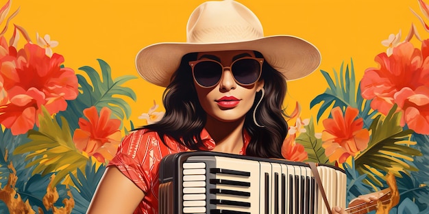 Photo une femme portant un chapeau et des lunettes de soleil joue de l'accordéon.