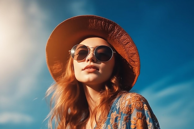 Une femme portant un chapeau et des lunettes de soleil se tient devant un ciel bleu.