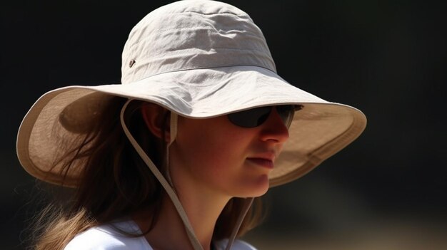 Une femme portant un chapeau et des lunettes de soleil se tient à l'ombre.