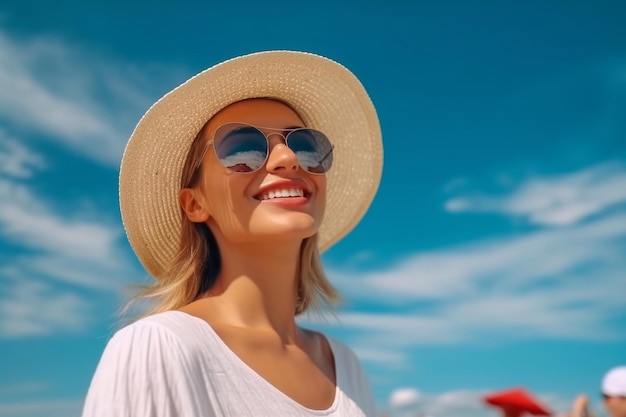 Une femme portant un chapeau et des lunettes de soleil sourit à la plage.