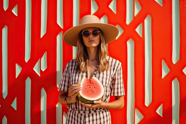 Une femme portant un chapeau et des lunettes de soleil tenant une tranche