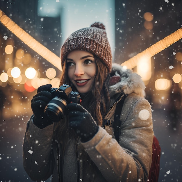 Une femme portant un chapeau et un manteau tient une caméra dans la neige.