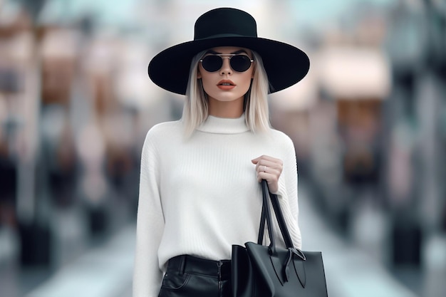 Une femme portant un chapeau noir et un chandail blanc tient un sac à main en cuir noir.