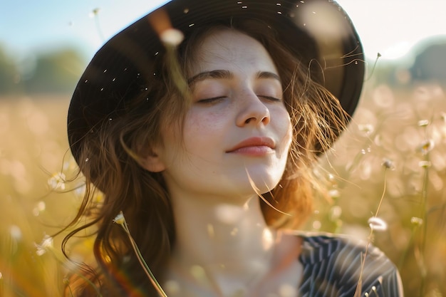 Photo une femme portant un chapeau noir dans un champ