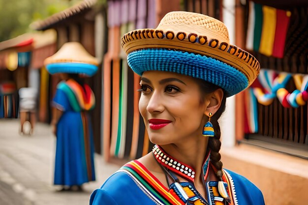 Une femme portant un chapeau de paille avec une bande colorée autour de sa tête.