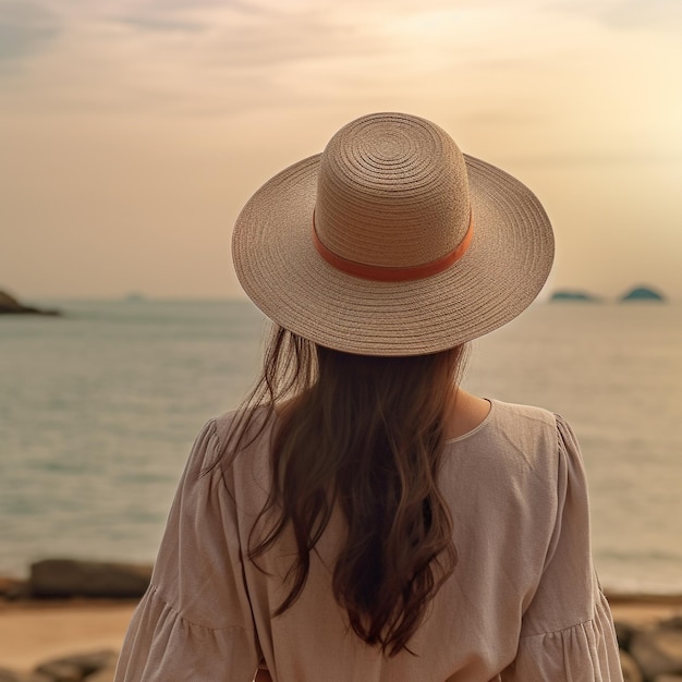 une femme portant un chapeau de paille face à l'océan