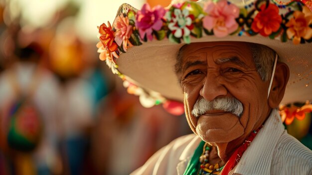 Une femme portant un chapeau de paille avec des fleurs dans les cheveux Chico De Mayo