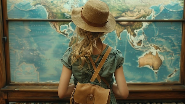 Photo une femme portant un chapeau de paille regarde une carte du monde