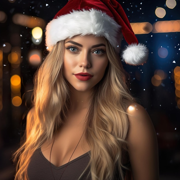 Une femme portant un chapeau de Père Noël célèbre l'événement de la nuit de Noël.