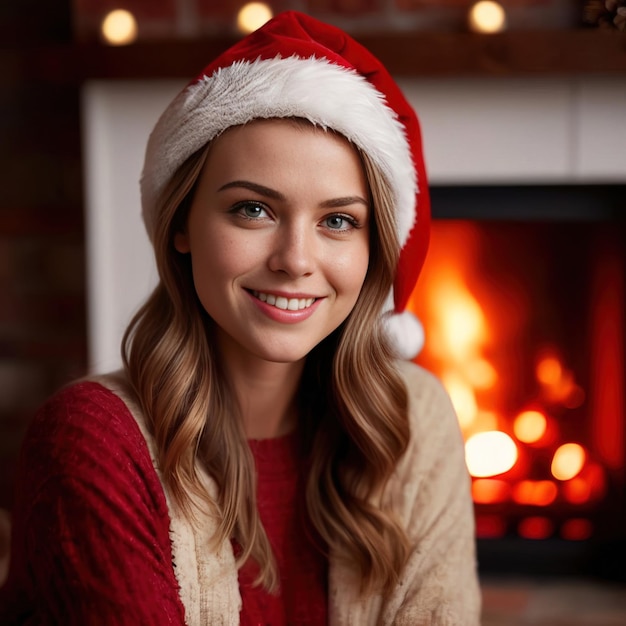 femme portant un chapeau de Père Noël à côté de la cheminée souriante