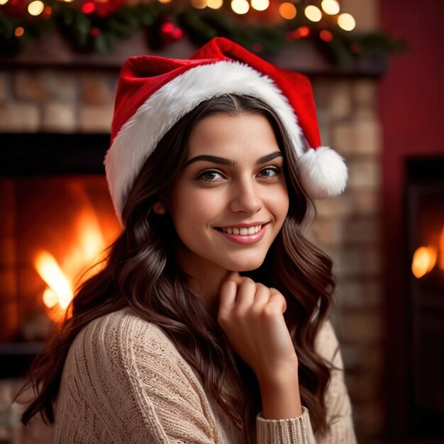 femme portant un chapeau de Père Noël à côté de la cheminée souriante