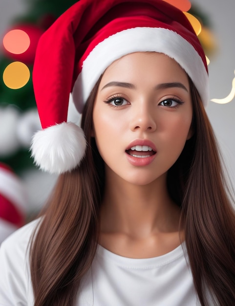 Femme portant un chapeau de père Noël avec une expression plate