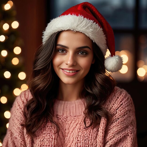 Une femme portant un chapeau de Père Noël et un pull souriant.