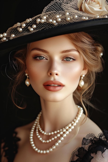 Une femme portant un chapeau à perles