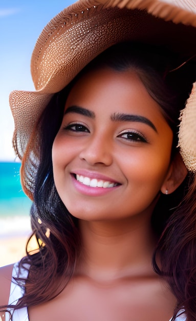 Une femme portant un chapeau sur une plage