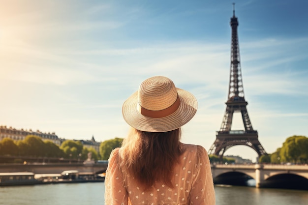 Une femme portant un chapeau pose devant l'iconique Tour Eiffel à Paris femme touriste en robe d'été et chapeau debout sur une belle plage de sable IA générée