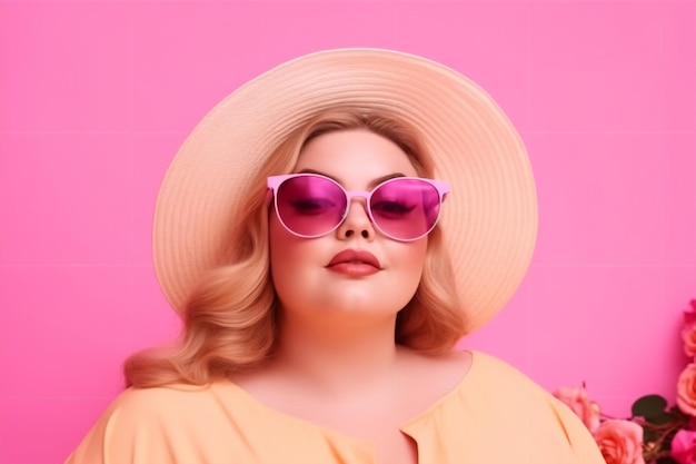 Une femme portant un chapeau rose et des lunettes de soleil