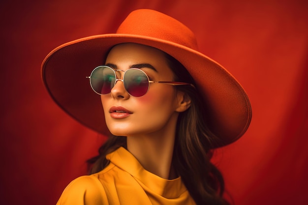 Une femme portant un chapeau rouge et des lunettes de soleil se tient devant un fond rouge.