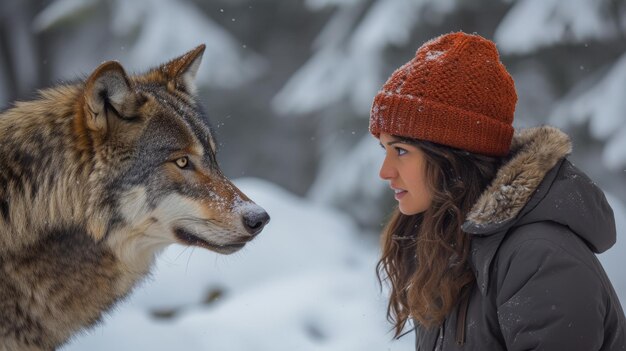 Une femme portant un chapeau rouge se tient devant un loup.