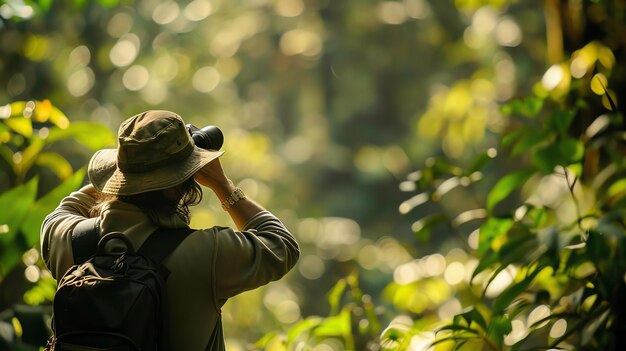 Photo une femme portant un chapeau et un sac à dos regarde à travers des jumelles dans la jungle