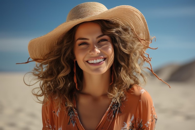 une femme portant un chapeau de soleil de paille sur la plage