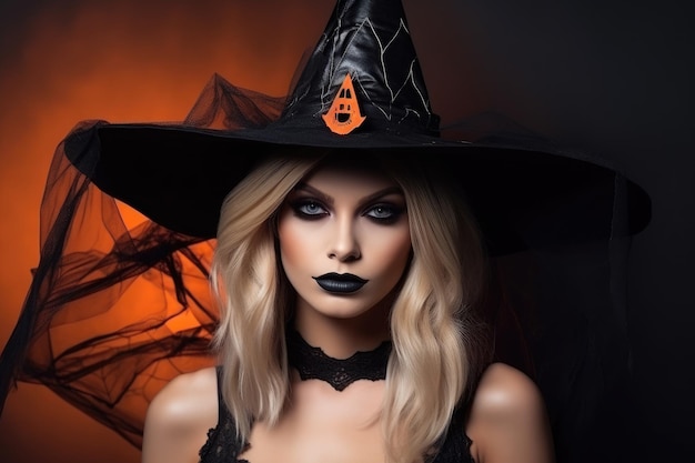 Femme portant un chapeau de sorcière pour la fête d'Halloween sur fond rouge