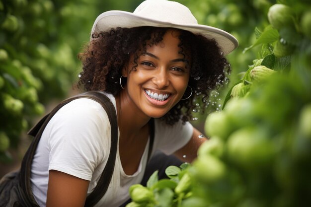 Photo une femme portant un chapeau sourit alors qu'elle cueille des haricots verts frais.