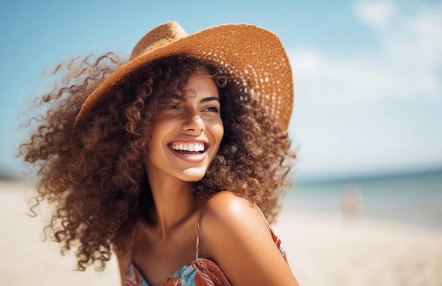 Une femme portant un chapeau sourit sur une plage.