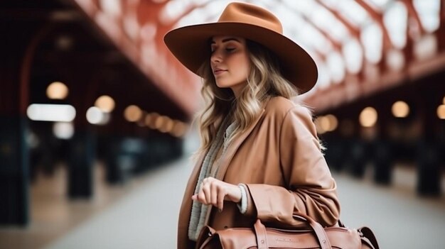 une femme portant un chapeau et tenant un sac brun