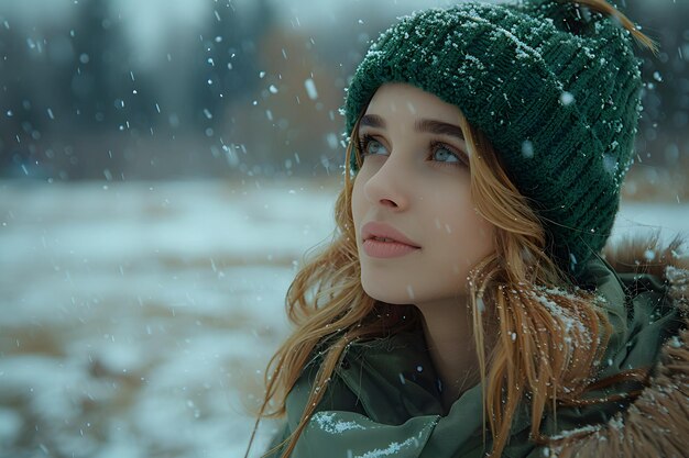 Une femme portant un chapeau vert dans la neige