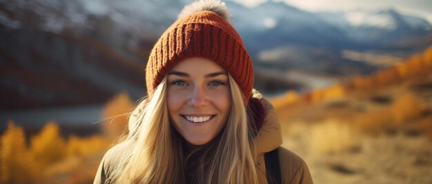 une femme portant un chapeau et une veste sourit