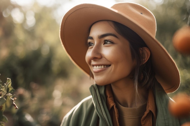 Une femme portant un chapeau et une veste verte sourit.