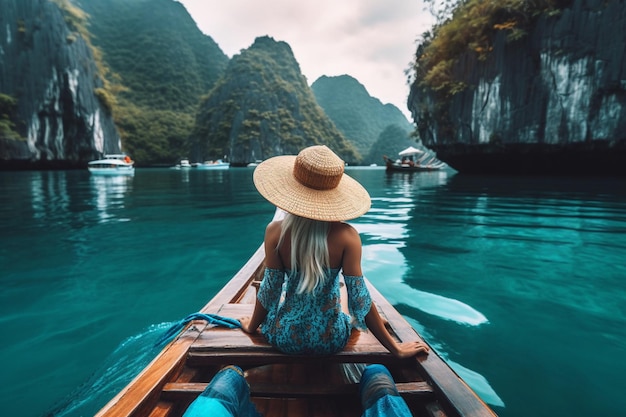 Femme portant un chapeau et voyageant sur un bateau à travers l'Asie Thaïlande Vacances d'été et concept de vacances