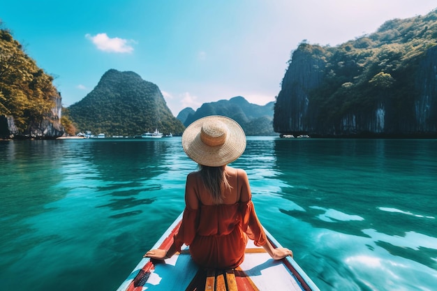Femme portant un chapeau et voyageant sur un bateau à travers l'Asie Thaïlande Vacances d'été et concept de vacances
