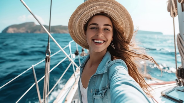 Femme portant un chapeau sur un yacht de jour en voyage