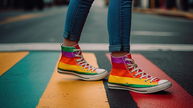 Une femme portant des chaussures de couleur arc-en-ciel se tient sur un passage pour piétons arc-en-ciel