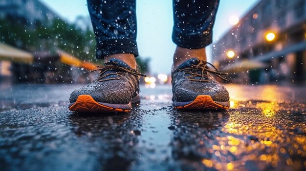 une femme portant des chaussures marron se tient sur une chaussée mouillée sous la pluie.