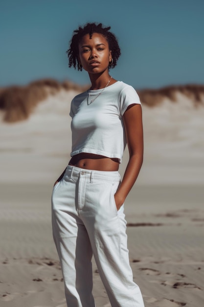 Une femme portant une chemise blanche et un pantalon blanc se tient sur une plage.