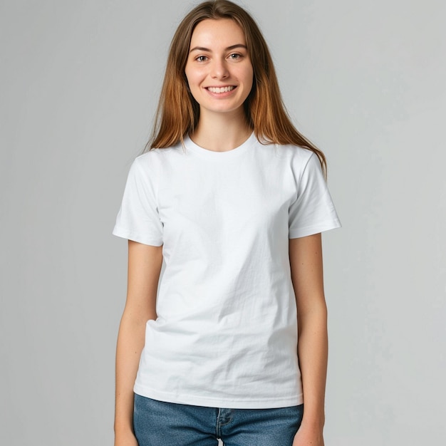 une femme portant une chemise blanche qui dit "elle sourit"