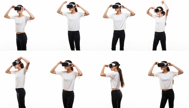 Photo une femme portant une chemise blanche utilise des lunettes de réalité virtuelle