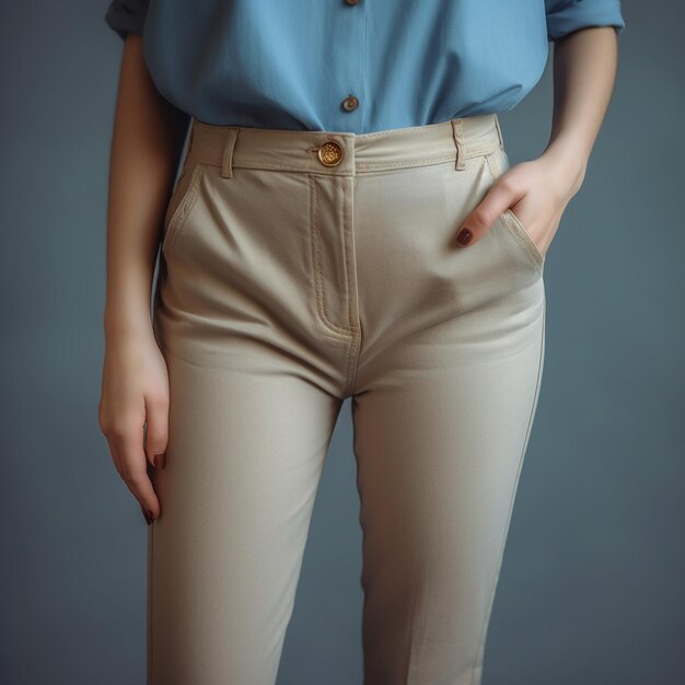 une femme portant une chemise bleue avec un bouton doré sur le devant.